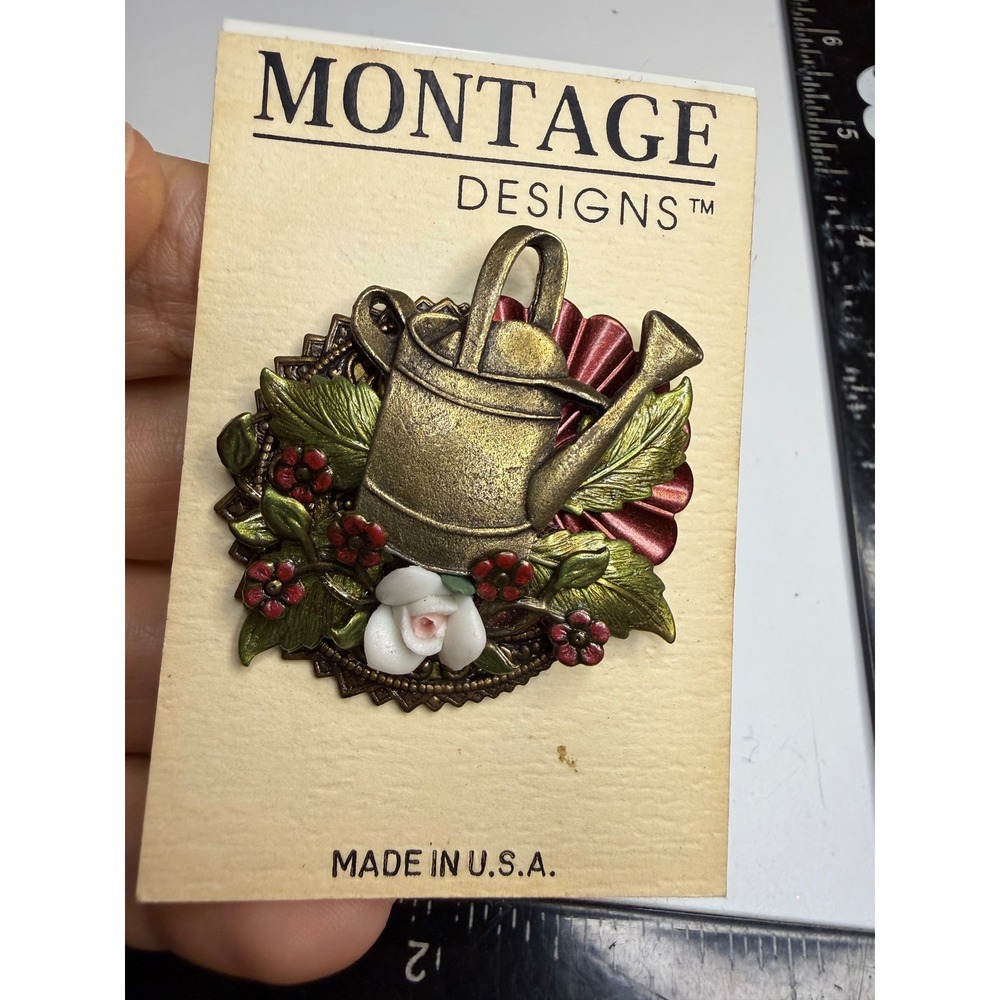 Montage Designs Watering Can Floral Brooch Pin Gold Tone Garden Rose Made in USA